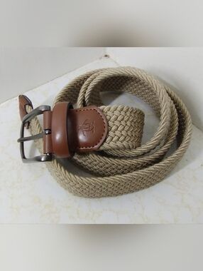 Original Penguin Woven Beige Belt with Brown Leather Trim